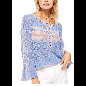 NWT Free People Marina Bay Lace-Up Sweater Blue L!
